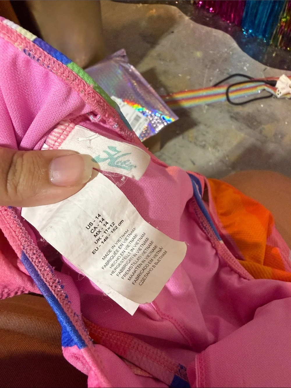 HOBIE  Girl's cutout Side Tie Rainbow One Piece  Swimsuit Pink Trim 14